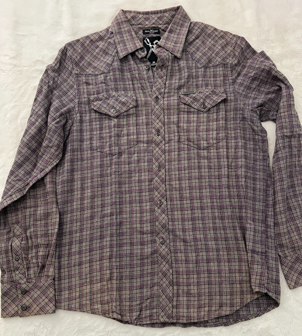 Marc Ecko Cut Sew Mens Medium Plaid Western Shirt Purple Gray Long Sleeve